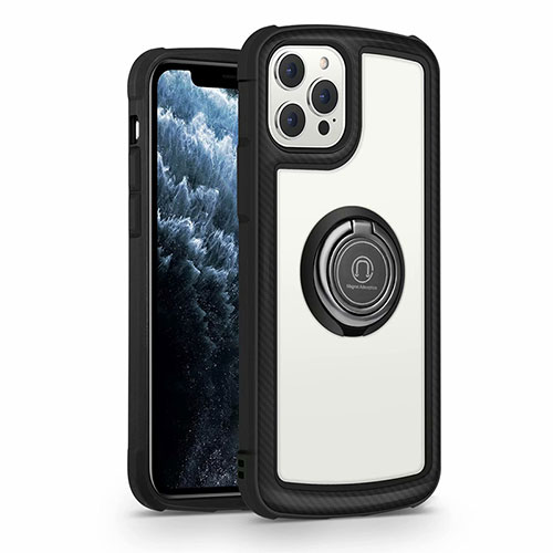 Silicone Frame Mirror Case Cover with Magnetic Finger Ring Stand N01 for Apple iPhone 12 Pro Max Black