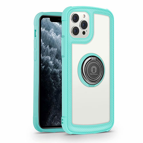 Silicone Frame Mirror Case Cover with Magnetic Finger Ring Stand N01 for Apple iPhone 12 Pro Max Cyan