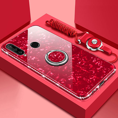 Silicone Frame Mirror Case Cover with Magnetic Finger Ring Stand T01 for Huawei Honor 20E Red