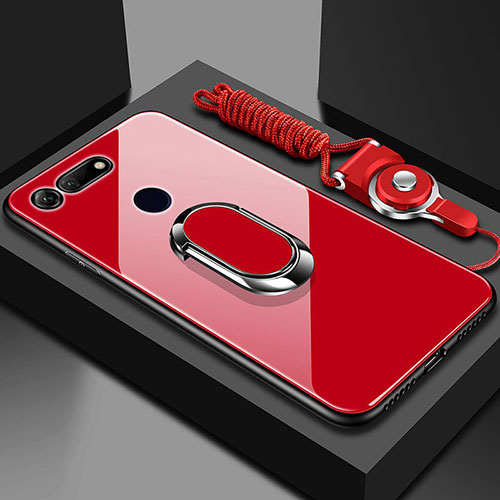 Silicone Frame Mirror Case Cover with Magnetic Finger Ring Stand T01 for Huawei Honor View 20 Red