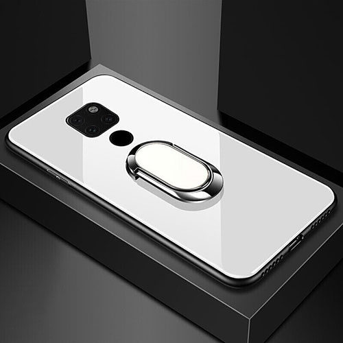 Silicone Frame Mirror Case Cover with Magnetic Finger Ring Stand T01 for Huawei Mate 20 X 5G White