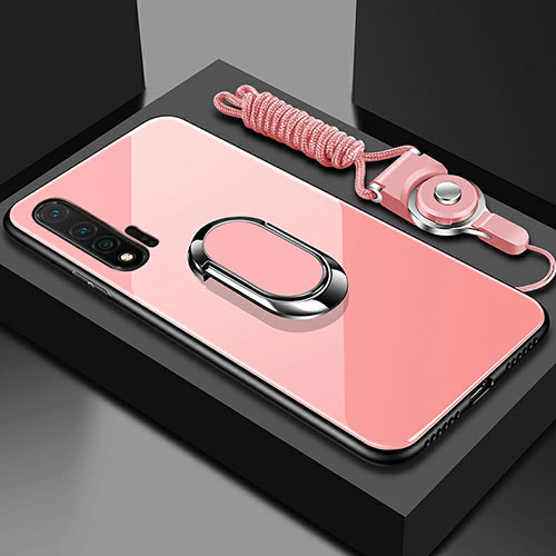 Silicone Frame Mirror Case Cover with Magnetic Finger Ring Stand T01 for Huawei Nova 6 Pink