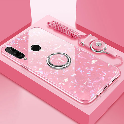 Silicone Frame Mirror Case Cover with Magnetic Finger Ring Stand T01 for Huawei P30 Lite New Edition Pink