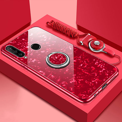 Silicone Frame Mirror Case Cover with Magnetic Finger Ring Stand T01 for Huawei P30 Lite New Edition Red