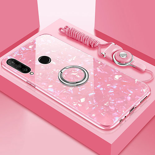 Silicone Frame Mirror Case Cover with Magnetic Finger Ring Stand T01 for Huawei P30 Lite XL Pink