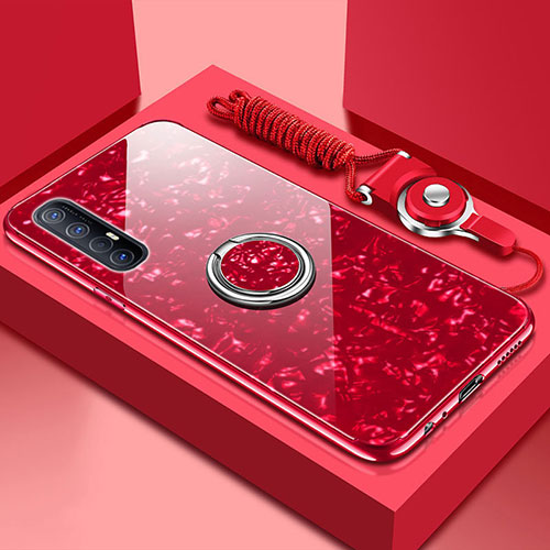 Silicone Frame Mirror Case Cover with Magnetic Finger Ring Stand T01 for Oppo Reno3 Pro Red