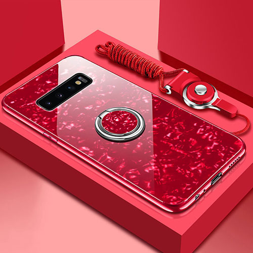 Silicone Frame Mirror Case Cover with Magnetic Finger Ring Stand T01 for Samsung Galaxy S10 Plus Red