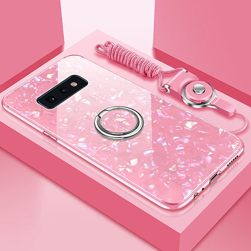 Silicone Frame Mirror Case Cover with Magnetic Finger Ring Stand T01 for Samsung Galaxy S10e Pink