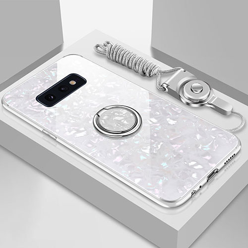 Silicone Frame Mirror Case Cover with Magnetic Finger Ring Stand T01 for Samsung Galaxy S10e White