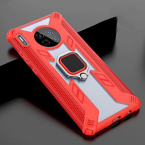 Silicone Frame Mirror Case Cover with Magnetic Finger Ring Stand T02 for Huawei Mate 30 Pro Red