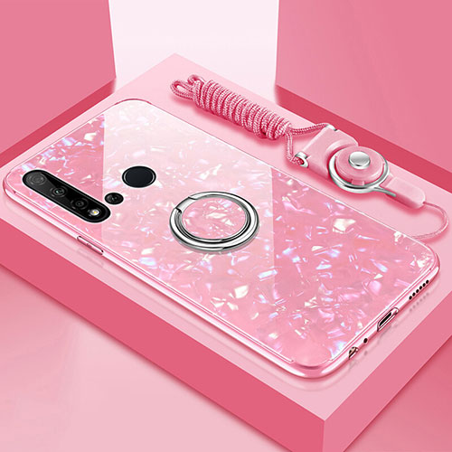 Silicone Frame Mirror Case Cover with Magnetic Finger Ring Stand T02 for Huawei Nova 5i Pink