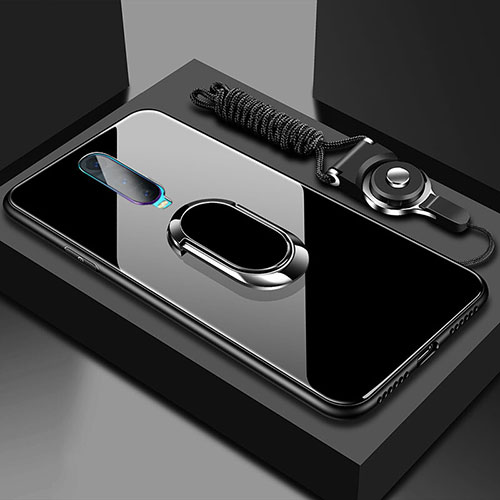 Silicone Frame Mirror Case Cover with Magnetic Finger Ring Stand T02 for Oppo R17 Pro Black