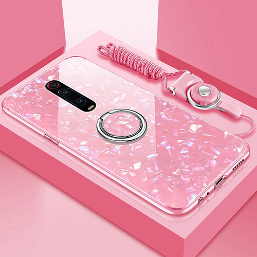 Silicone Frame Mirror Case Cover with Magnetic Finger Ring Stand T02 for Xiaomi Mi 9T Pink