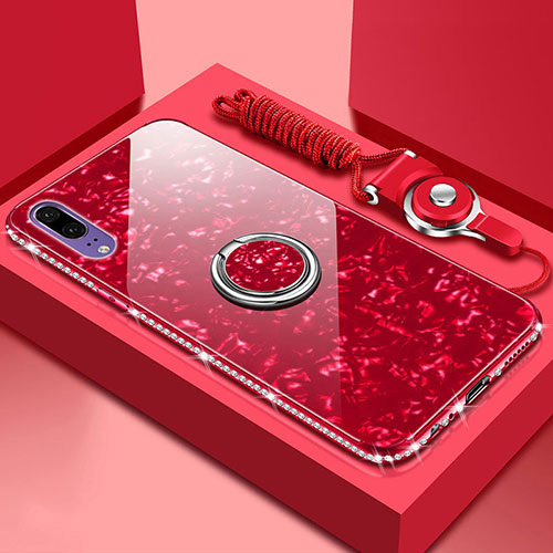 Silicone Frame Mirror Case Cover with Magnetic Finger Ring Stand T03 for Huawei P20 Red