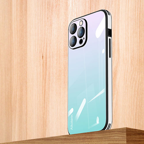 Silicone Frame Mirror Rainbow Gradient Case Cover AT1 for Apple iPhone 14 Pro Cyan