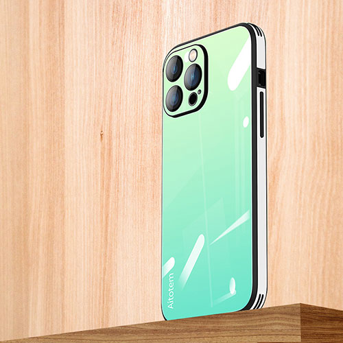 Silicone Frame Mirror Rainbow Gradient Case Cover AT1 for Apple iPhone 15 Pro Max Matcha Green