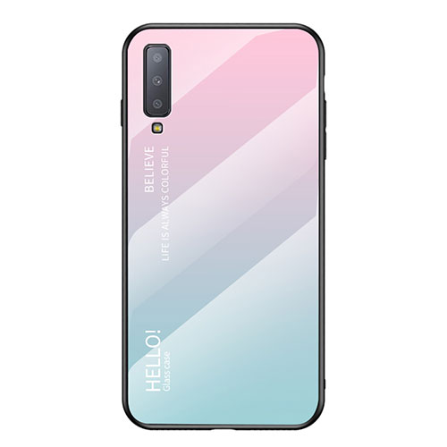 Silicone Frame Mirror Rainbow Gradient Case Cover for Samsung Galaxy A7 (2018) A750 Cyan