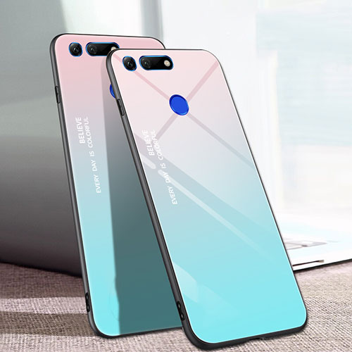 Silicone Frame Mirror Rainbow Gradient Case Cover H01 for Huawei Honor V20 Cyan