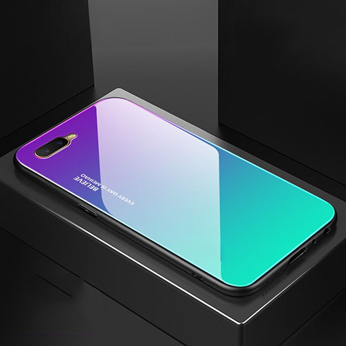 Silicone Frame Mirror Rainbow Gradient Case Cover H01 for Oppo R17 Neo Cyan