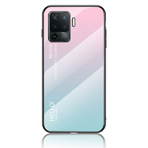 Silicone Frame Mirror Rainbow Gradient Case Cover LS1 for Oppo F19 Pro Cyan