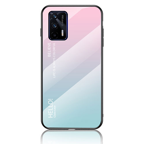 Silicone Frame Mirror Rainbow Gradient Case Cover LS1 for Realme Q3 Pro 5G Cyan