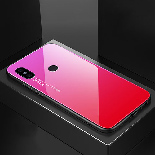 Silicone Frame Mirror Rainbow Gradient Case Cover M01 for Xiaomi Mi A2 Hot Pink