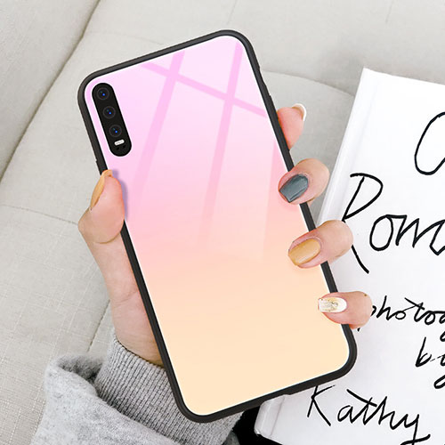 Silicone Frame Mirror Rainbow Gradient Case Cover M03 for Huawei P30 Pink