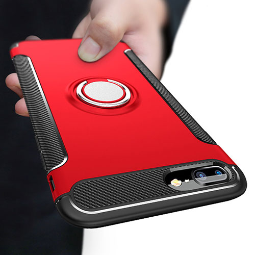 Silicone Matte Finish and Plastic Back Case with Finger Ring Stand A03 for Apple iPhone 8 Plus Red