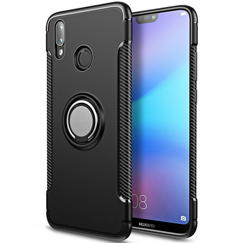 Silicone Matte Finish and Plastic Back Case with Finger Ring Stand for Huawei Nova 3e Black