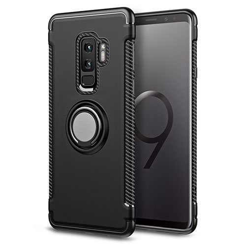 Silicone Matte Finish and Plastic Back Case with Finger Ring Stand for Samsung Galaxy S9 Plus Black