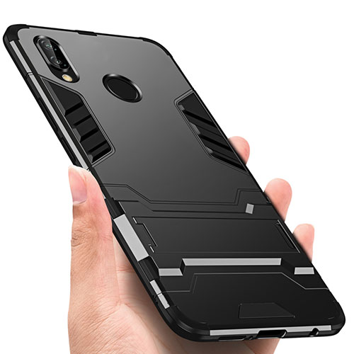 Silicone Matte Finish and Plastic Back Case with Stand R01 for Huawei P20 Lite Black