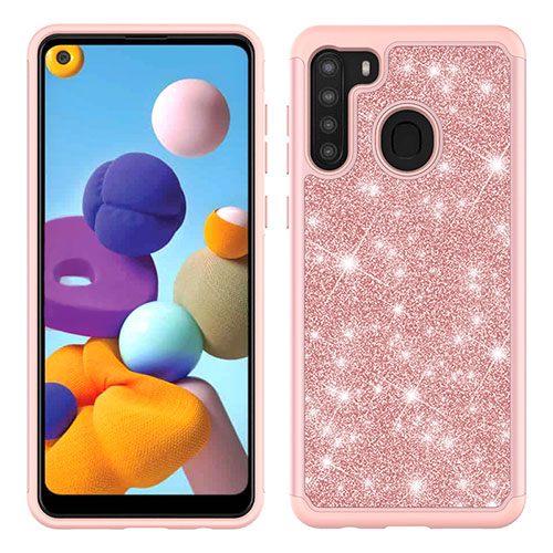 Silicone Matte Finish and Plastic Back Cover Case 360 Degrees Bling-Bling JX1 for Samsung Galaxy A21 Rose Gold