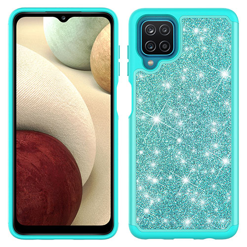 Silicone Matte Finish and Plastic Back Cover Case 360 Degrees Bling-Bling JX1 for Samsung Galaxy F12 Cyan