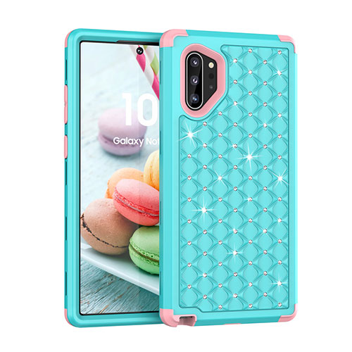 Silicone Matte Finish and Plastic Back Cover Case 360 Degrees Bling-Bling U01 for Samsung Galaxy Note 10 Plus Cyan