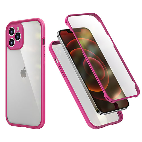 Silicone Matte Finish and Plastic Back Cover Case 360 Degrees R05 for Apple iPhone 12 Pro Hot Pink