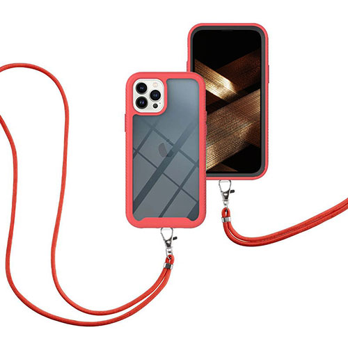 Silicone Matte Finish and Plastic Back Cover Case 360 Degrees with Lanyard Strap for Apple iPhone 15 Pro Max Red