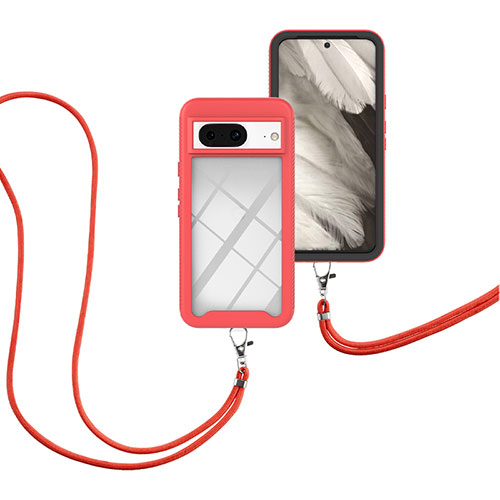 Silicone Matte Finish and Plastic Back Cover Case 360 Degrees with Lanyard Strap for Google Pixel 8 5G Red