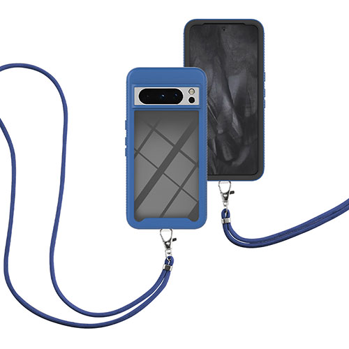 Silicone Matte Finish and Plastic Back Cover Case 360 Degrees with Lanyard Strap for Google Pixel 8 Pro 5G Blue