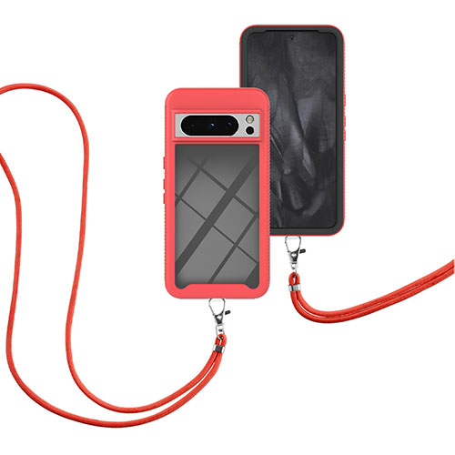 Silicone Matte Finish and Plastic Back Cover Case 360 Degrees with Lanyard Strap for Google Pixel 8 Pro 5G Red