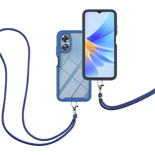 Silicone Matte Finish and Plastic Back Cover Case 360 Degrees with Lanyard Strap for Oppo A17 Blue