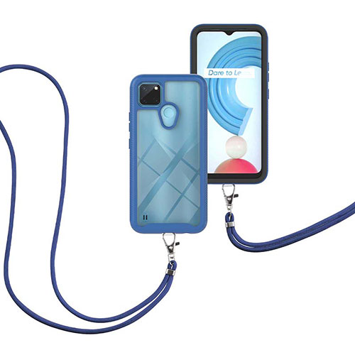 Silicone Matte Finish and Plastic Back Cover Case 360 Degrees with Lanyard Strap for Realme C21Y Blue