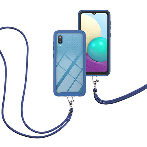 Silicone Matte Finish and Plastic Back Cover Case 360 Degrees with Lanyard Strap for Samsung Galaxy A02 Blue