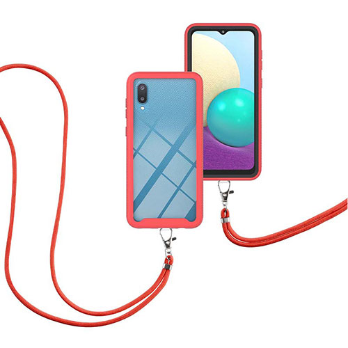 Silicone Matte Finish and Plastic Back Cover Case 360 Degrees with Lanyard Strap for Samsung Galaxy A02 Red