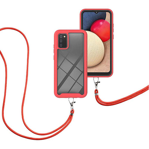 Silicone Matte Finish and Plastic Back Cover Case 360 Degrees with Lanyard Strap for Samsung Galaxy A02s Red