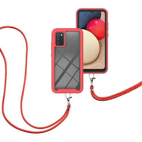 Silicone Matte Finish and Plastic Back Cover Case 360 Degrees with Lanyard Strap for Samsung Galaxy A03s Red