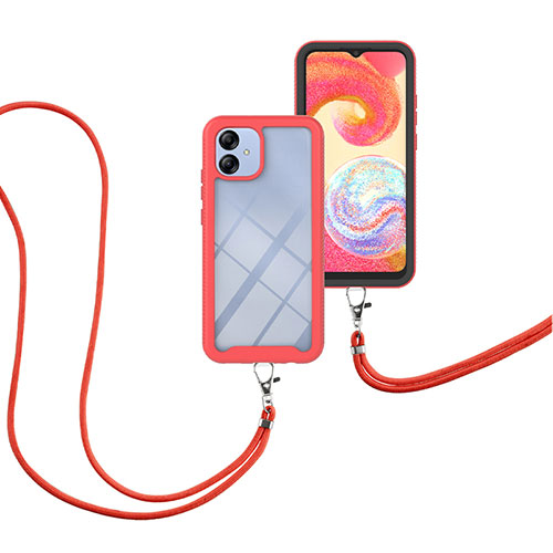 Silicone Matte Finish and Plastic Back Cover Case 360 Degrees with Lanyard Strap for Samsung Galaxy A04 4G Red