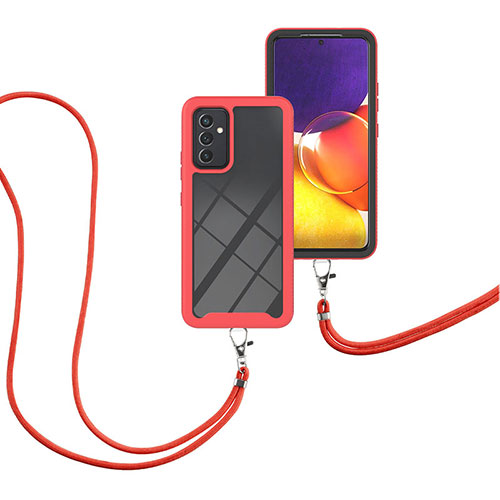 Silicone Matte Finish and Plastic Back Cover Case 360 Degrees with Lanyard Strap for Samsung Galaxy A05s Red