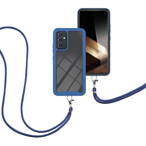Silicone Matte Finish and Plastic Back Cover Case 360 Degrees with Lanyard Strap for Samsung Galaxy A15 4G Blue