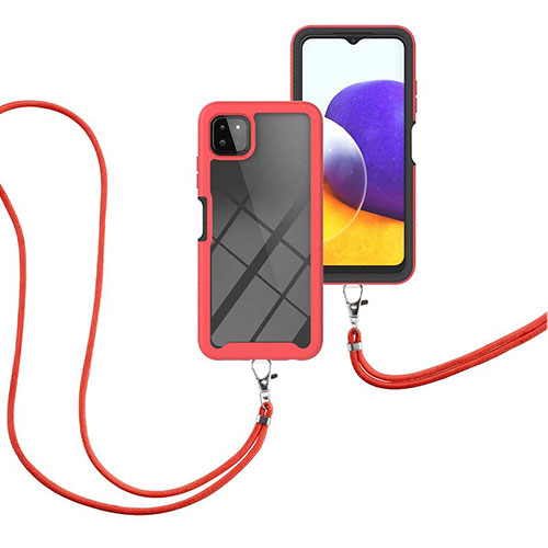 Silicone Matte Finish and Plastic Back Cover Case 360 Degrees with Lanyard Strap for Samsung Galaxy A22 5G Red