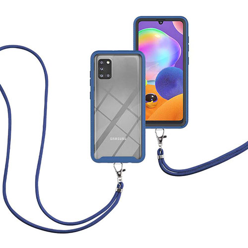 Silicone Matte Finish and Plastic Back Cover Case 360 Degrees with Lanyard Strap for Samsung Galaxy A31 Blue